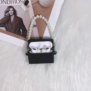 Lovmooful AirPods Case for AirPods Pro, Cute Luxury Cartoon Lattice Bag Design with Pearl Chain Soft Silicone Protective Cover for Women Girls AirPods Pro Charging Case Cover - Black
