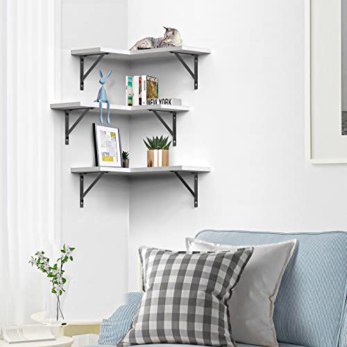 LIVOWALNY Corner Shelf Floating Shelves Corner Wall Mounted Set of 3, Rustic Wood Wall Shelves for Bedroom, Living Room, Bathroom, Kitchen, Office, White Finish