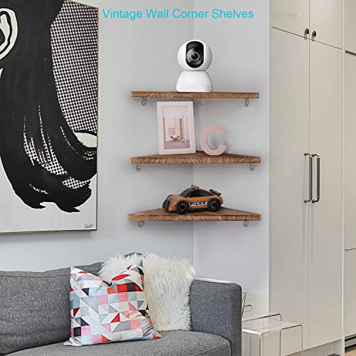 Amy Dceom Corner Wall Shelves Set of 3, Rustic Wood Corner Floating Shelves, Wall Mount Storage Display for TV Accessories, Baby Monitor, Speaker, Cable Box, Game Console (Natural)