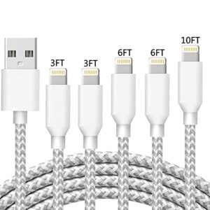 iphone fast charger cable apple mfi certified 5pack white[3/3/6/6/10ft] long lightning charging nylon braided high speed sync usb cable compatible iphone 14/13/12/11 pro max/xs max/xr/xs/8/7/plus/ipad