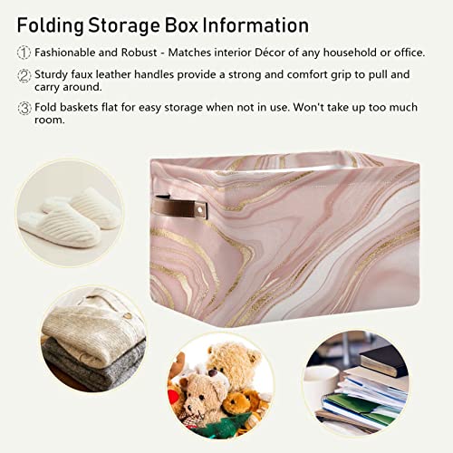 xigua Rose Pink Marble Storage Basket Large Collapsible Rectangle Storage Bin Toys Clothes Organizer for Closet Shelf Nursery Bedroom Home Decor