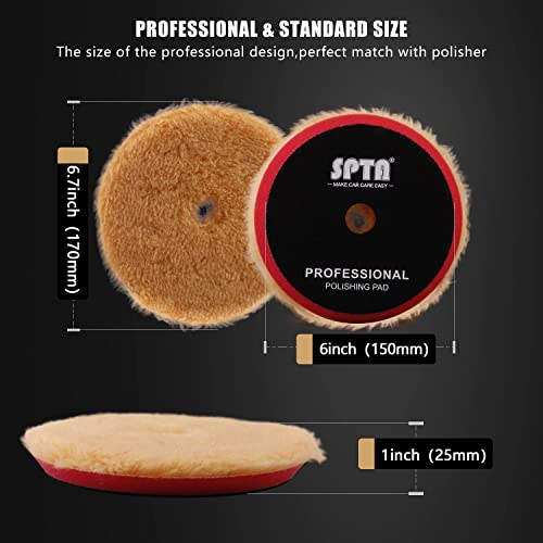 SPTA Wool Buffing Polishing Pads, 3Pcs 6" (150mm) Coarse Medium Cutting Car Wool Polishing Pads, Premium 100% Wool Cutting Pad with Hook and Loop for Car Polisher Car Polishing and Buffing -WPMIXS6