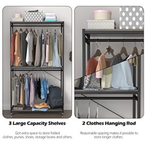 TOPSKY Clothes Rack, Clothing Garment Rack on Wheels, 3 Tiers Shelves Double Hanging Rod Clothes Garment Racks with Storage Shelves Heavy Duty (Espresso Gray)