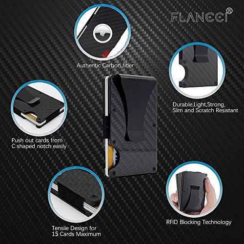 FLANCCI Airtag Wallet for Men, Minimalist Carbon Fiber Metal Front Pocket Wallet with Money Clip, RFID Blocking Slim Cash Card Wallet, Apple AirTag Holder, with GIFT BOX [Airtag is NOT included]