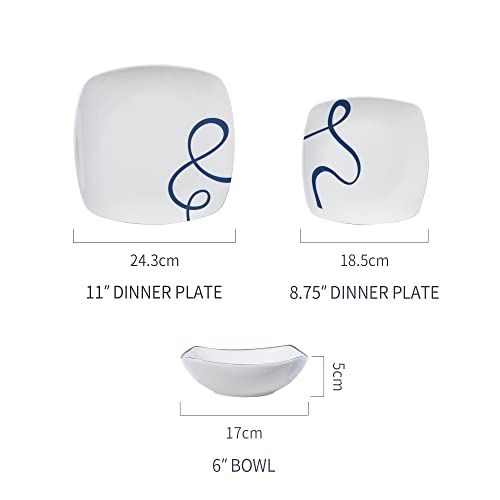 Square Porcelain Plates and Bowls Sets, Simple Lines Ceramic Dinnerware Sets, Service for 6, 18-Piece Dishes Set, Dishwasher Safe, Microwave Safe (Blue Ribbon)
