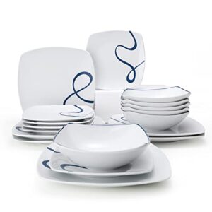 square porcelain plates and bowls sets, simple lines ceramic dinnerware sets, service for 6, 18-piece dishes set, dishwasher safe, microwave safe (blue ribbon)