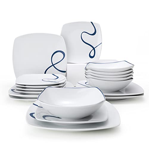 Square Porcelain Plates and Bowls Sets, Simple Lines Ceramic Dinnerware Sets, Service for 6, 18-Piece Dishes Set, Dishwasher Safe, Microwave Safe (Blue Ribbon)