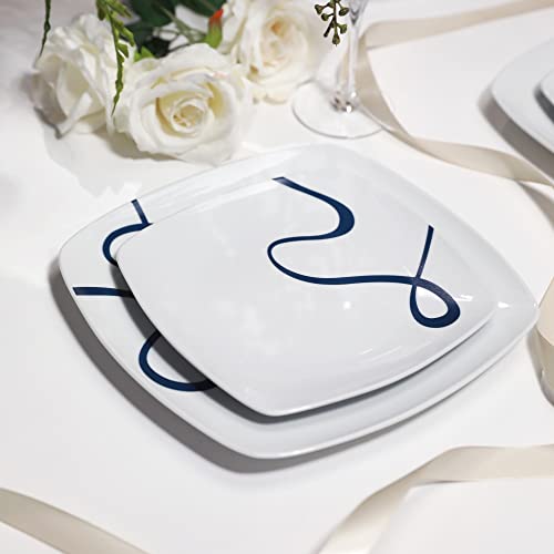 Square Porcelain Plates and Bowls Sets, Simple Lines Ceramic Dinnerware Sets, Service for 6, 18-Piece Dishes Set, Dishwasher Safe, Microwave Safe (Blue Ribbon)