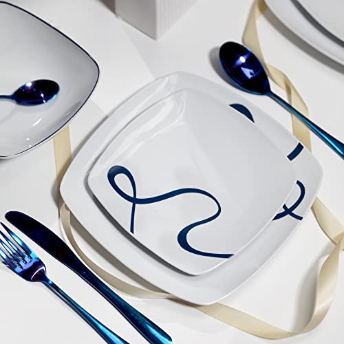 Square Porcelain Plates and Bowls Sets, Simple Lines Ceramic Dinnerware Sets, Service for 6, 18-Piece Dishes Set, Dishwasher Safe, Microwave Safe (Blue Ribbon)