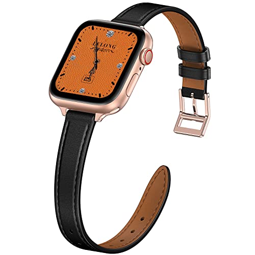 LELONG for Apple Watch Band 41mm 40mm 38mm 45mm 44mm 42mm women, Top Grain Genuine Leather Slim & Thin Strap with Bling Diamond Rhinestone Clasp for iWatch Series 7 6 5 4 3 2 1 SE (Black)