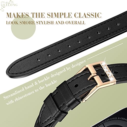 LELONG for Apple Watch Band 41mm 40mm 38mm 45mm 44mm 42mm women, Top Grain Genuine Leather Slim & Thin Strap with Bling Diamond Rhinestone Clasp for iWatch Series 7 6 5 4 3 2 1 SE (Black)