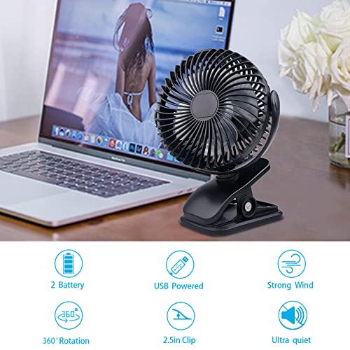 WANGDAJIEDIAN Portable Clip on Fan, 4 Speeds 360° Rotation Personal Clip Fan, 20 Hours Work Time, Quiet USB Stroller Fan Small Desk Fan for Office, Bed, Treadmill, Car, Outdoor Camping, Golf(Black)