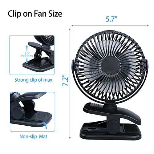 WANGDAJIEDIAN Portable Clip on Fan, 4 Speeds 360° Rotation Personal Clip Fan, 20 Hours Work Time, Quiet USB Stroller Fan Small Desk Fan for Office, Bed, Treadmill, Car, Outdoor Camping, Golf(Black)