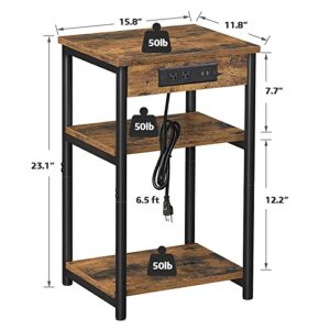 TUTOTAK End Table with Charging Station, Side Table with USB Ports and Outlets, Nightstand, 3-Tier Storage Shelf, Sofa Table for Small Space, Living Room TB01BB026