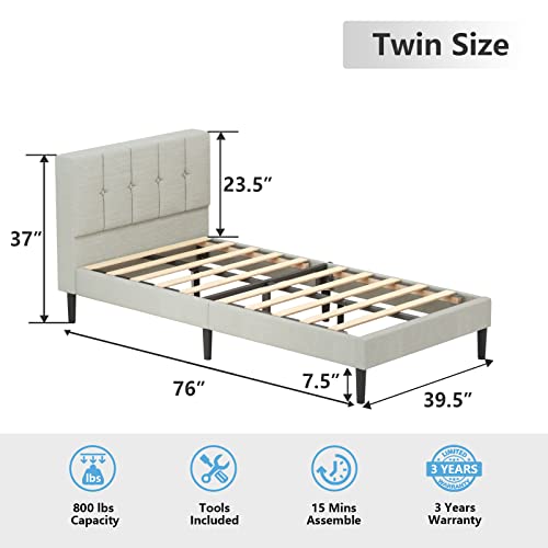 Twin Upholstered Bed Frame with Tufted Button Headboard, Platform Bed with Wood Slats Support and Stitched Headboard, Mattress Foundation, No Box Spring Needed, Easy Assembly, Noise Free, Light Gray