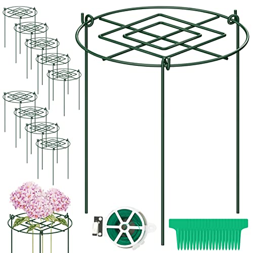 CKE 10 Pack 4mm 18 Inches Peony Cages Plant Support Plant Stakes Grow Through Grid Plant Supports Grow Through Hoops, Metal Peony Support Ring Plant Brace Flower Support Ring for Heavy Blossom 12"x18"