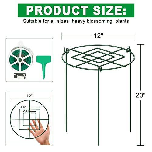 CKE 10 Pack 4mm 18 Inches Peony Cages Plant Support Plant Stakes Grow Through Grid Plant Supports Grow Through Hoops, Metal Peony Support Ring Plant Brace Flower Support Ring for Heavy Blossom 12"x18"