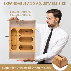 Expandable Foil Wrap Dispenser with Cutter and Bag Storage Organizer with Labels for Kitchen Drawer, Bamboo Plastic Dispenser for 12" Roll, Ziplock, Gallon, Quart, Sandwich and Snack Variety Size Bag