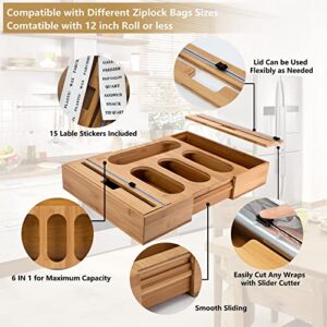 Expandable Foil Wrap Dispenser with Cutter and Bag Storage Organizer with Labels for Kitchen Drawer, Bamboo Plastic Dispenser for 12" Roll, Ziplock, Gallon, Quart, Sandwich and Snack Variety Size Bag