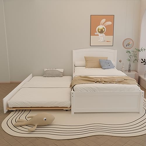 Xilingol Trundle Bed Twin, Solid Wood Bed Frames with Headboard and Wooden Slats Support, Twin Trundle Bed Frame Roll Out, Single Box Bed (No Box Spring Needed), White