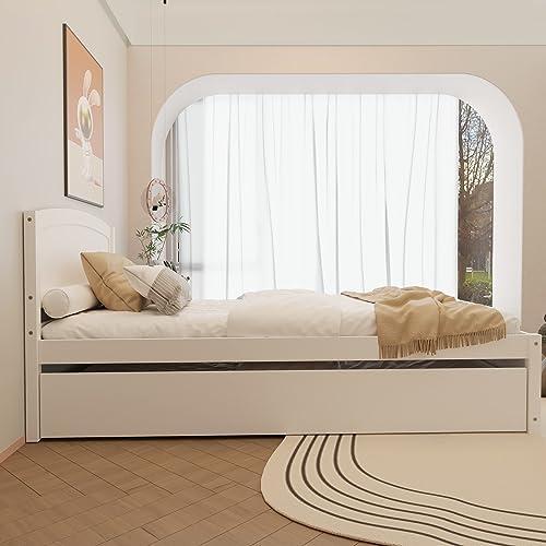 Xilingol Trundle Bed Twin, Solid Wood Bed Frames with Headboard and Wooden Slats Support, Twin Trundle Bed Frame Roll Out, Single Box Bed (No Box Spring Needed), White