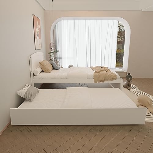 Xilingol Trundle Bed Twin, Solid Wood Bed Frames with Headboard and Wooden Slats Support, Twin Trundle Bed Frame Roll Out, Single Box Bed (No Box Spring Needed), White