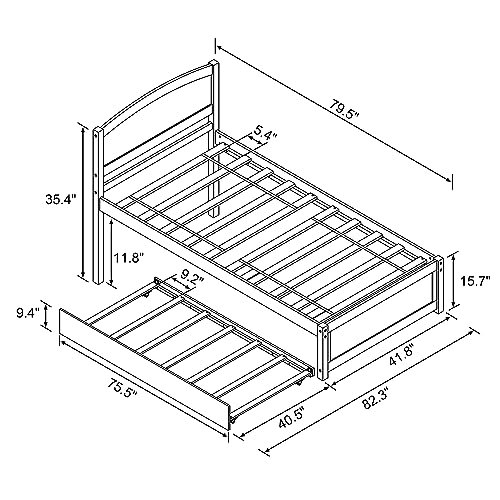 Xilingol Trundle Bed Twin, Solid Wood Bed Frames with Headboard and Wooden Slats Support, Twin Trundle Bed Frame Roll Out, Single Box Bed (No Box Spring Needed), White