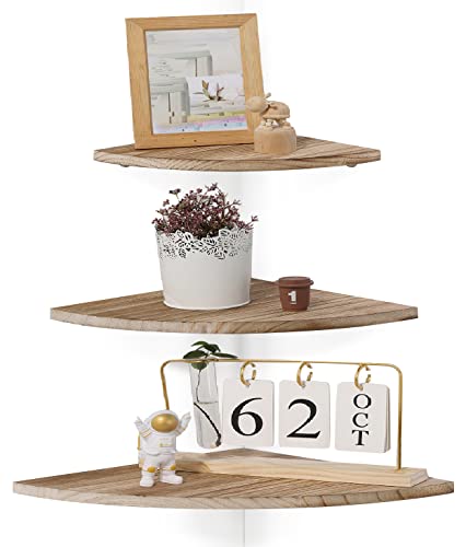 Amy Dceom Rustic Wood Corner Wall Shelves Set of 3, Wall Mount Solid Wood Floating Corner Shelves for Bedroom, Living Room, Bathroom, Kitchen (Natural)