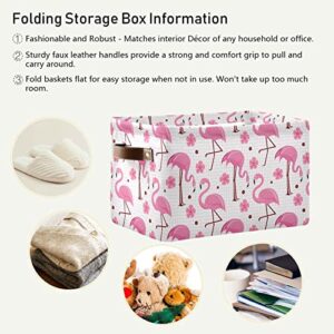 Kigai Flamingo Storage Basket Collapsible Rectangle Storage Bin Shelves Basket Organizer with Leather Handle for Closet, Office, Nursery, Home Decor