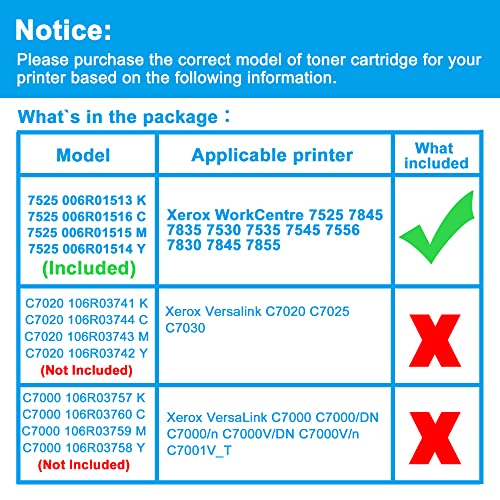 LCL Compatible Toner Cartridge Replacement for Xerox WorkCentre 7525 7835 7845 7530 7535 7545 7556 7830 7845 7855 6R01513 006R01513 006R01516 006R01515 006R01514 (4-Pack Black Cyan Magenta Yellow)