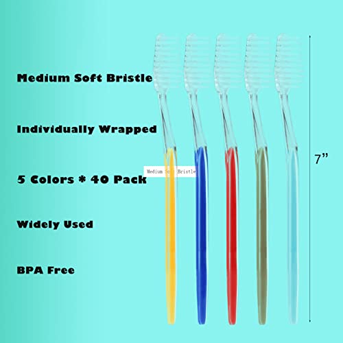 Homvle 200 Packs Disposable Toothbrushes Individually Wrapped, Medium Soft Bristle Travel Toothbrushes Bulk for Adults/Kids Hotel Toiletries, 5 Colors.