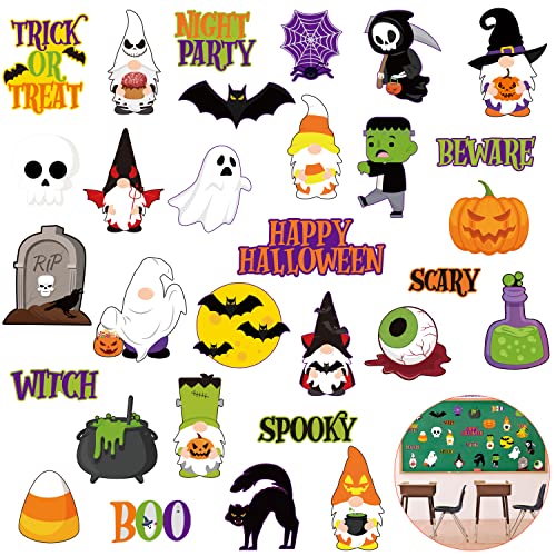 Haooryx 65Pcs Halloween Bulletin Board Nametag Set Decoration Cut Out, Colorful Paper Patterned Cut-Outs Blackboard Border Trim for Halloween Party Home School Classroom Whiteboard Window Wall Decor