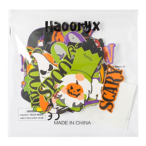 Haooryx 65Pcs Halloween Bulletin Board Nametag Set Decoration Cut Out, Colorful Paper Patterned Cut-Outs Blackboard Border Trim for Halloween Party Home School Classroom Whiteboard Window Wall Decor