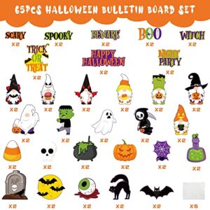 Haooryx 65Pcs Halloween Bulletin Board Nametag Set Decoration Cut Out, Colorful Paper Patterned Cut-Outs Blackboard Border Trim for Halloween Party Home School Classroom Whiteboard Window Wall Decor