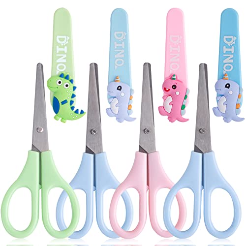 LOVESTOWN Kids Scissors, 4PCS Dinosaur Safety Scissors Stainless Steel Scissors Preschool Training Scissors with Sleeves for DIY Crafts Paper Cut