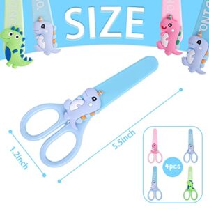 LOVESTOWN Kids Scissors, 4PCS Dinosaur Safety Scissors Stainless Steel Scissors Preschool Training Scissors with Sleeves for DIY Crafts Paper Cut