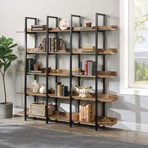 p purlove bookcase 5 tier open vintage bookshelf industrial wood and metal storage organizer, 70.87”w industrial bookcase with adjustable foot pads, for home office, brown