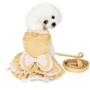 albrost dog dress harness vest with matching leash, golden bow-knot puppy dresses d ring, cute leash set, princess multi-layer pleated skirt pet for small cat (medium), golden,gold,white