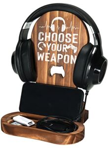 crycarrot gamer gifts for teenage boys, gaming headphone stand for men, gaming room desk decor wooden headset holder, son boyfriend husband game lover gifts -choose your weapon