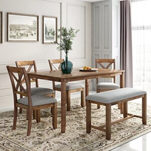 merax 6-piece wooden dining rectangular table set, 4 chairs and bench with cushion, kitchen family furniture, natural cherry + beige