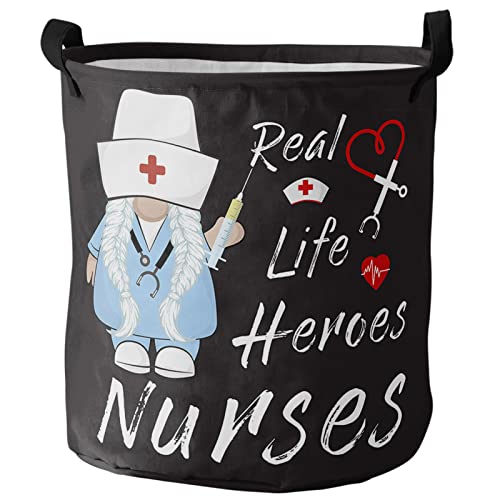 Nurse Wears Blue Uniform Black Backdrop Large Laundry Basket, Collapsible Bag with Easy Carry Handles, Waterproof Foldable Freestanding Hamper, Folding Washing Bin Clothes Storage Round