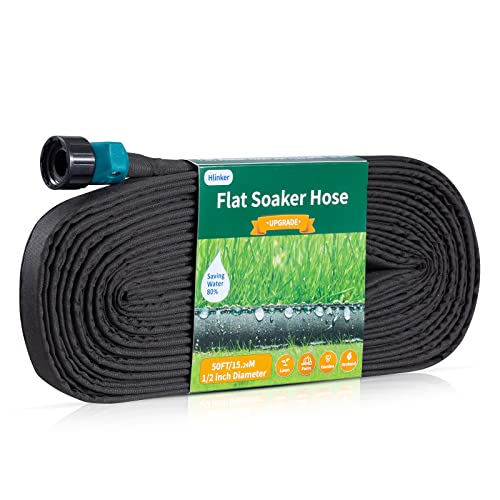 Hlinker Flat Soaker Hose 15 25 50 75 FT for Garden Beds, 50Ft 1/2" Linkable Consistent Drip Irrigation Hose Save 80% Water, Leakproof Heavy Duty Double Layer Sprinkler Hose