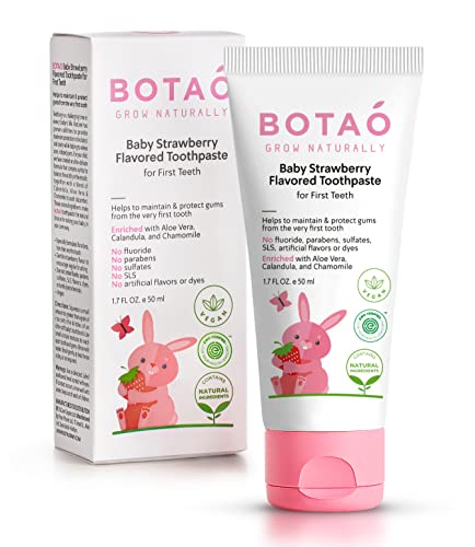 BOTAO Fluoride Free Baby Toothpaste | Natural Toddler Toothpaste | Strawberry Flavored - Organic Training Toothpaste for Toddlers | EWG Verified, Vegan, SLS Free, Safe to Swallow, Aloe Vera -1.7Oz