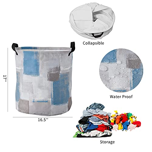 Large Laundry Basket 16.5x17in, Blue Graffiti Square Wall Painting Waterproof Dirty Clothes Bag Hamper with Handles, Grey Modern Abstract Art Texture Collapsible Sorter Basket for Bathroom Bedroom