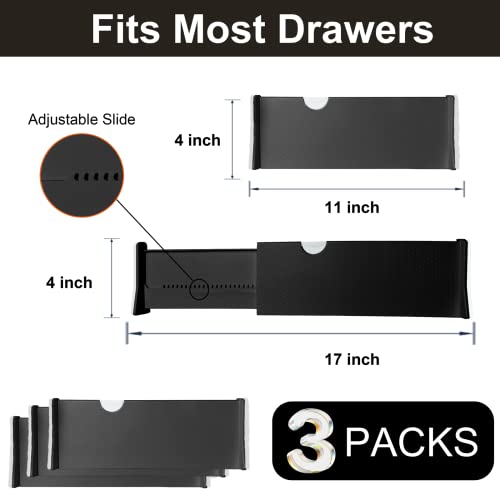 KIKILIE Kitchen Drawer Divider, 3 Pack Adjustable Dividers for Clothes, Utensils - Expandable Dresser Divider 11-17 Inch, 4'' Tall Deep Organizers Drawers Separators, Black, Pack,11-17''Long