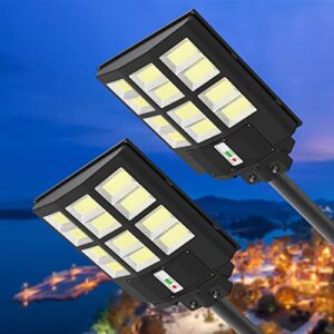 opkiddle 2 pack 600w solar street light outdoor waterproof, 60000lm high brightness dusk to dawn led lamp, with motion sensor and remote control