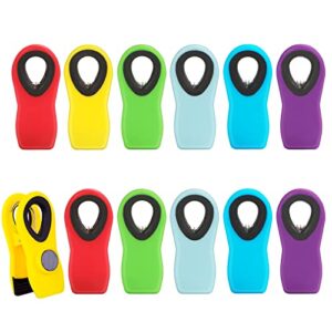 chip clips heavy duty, 12 pack 6 assorted bright colors magnetic clips for refrigerator, magnet clips, bag clips for food packages storage, snack bags and food bags