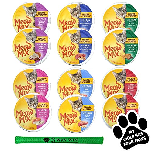 Meow Mix Wet Cat Food Variety Bundle | 6 Flavors, (2) Cups Each: Tuna Shrimp, Salmon Ocean Fish, Tuna Crab, Chicken & Liver, Chicken Beef, and Turkey & Giblets (2.75 OZ.) | Plus Kitty Toy and Magnet!