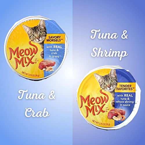 Meow Mix Wet Cat Food Variety Bundle | 6 Flavors, (2) Cups Each: Tuna Shrimp, Salmon Ocean Fish, Tuna Crab, Chicken & Liver, Chicken Beef, and Turkey & Giblets (2.75 OZ.) | Plus Kitty Toy and Magnet!