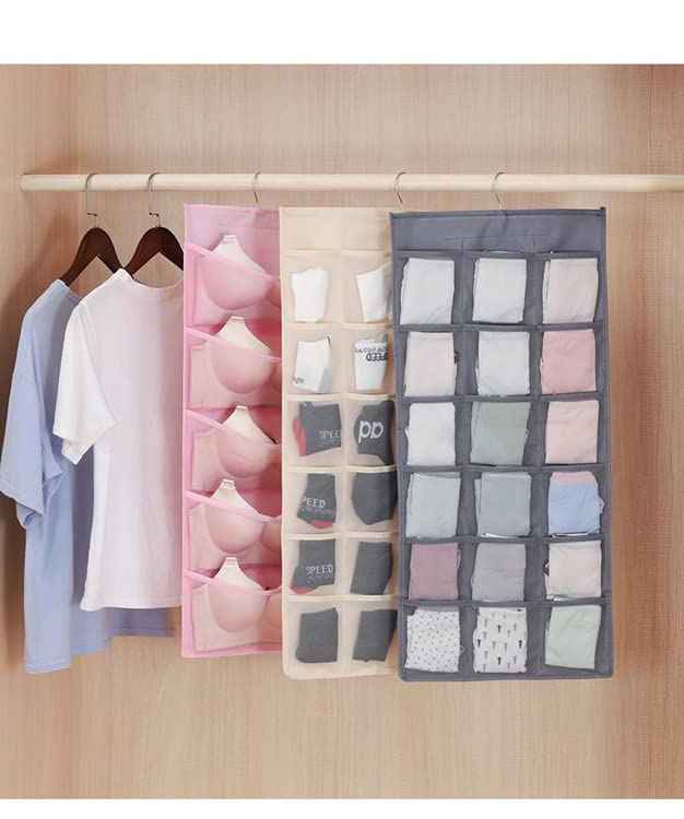 Hanging Bra Closet Organizer and Storage Pockets Wall Organizer 24 Pockets Enlarged Hanging Mesh Pockets Dual Sided Wall Closet Underwear,Bra,Socks,Accessories with Hanger (Grey)